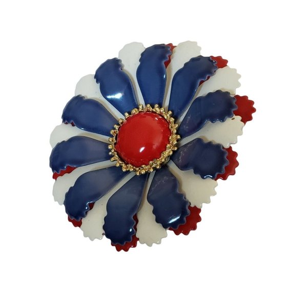 Vintage Red White Blue Enamel Flower Brooch Pin Daisy Patriotic Layered - Picture 3 of 12